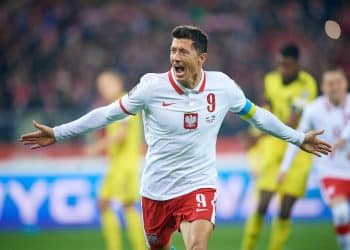 CHORZOW, POLAND - MARCH 29: Robert Lewandowski of Poland celebrates scoring the first goal of his team during the 2022 FIFA World Cup Qualifier knockout round play-off match between Poland and Sweden at Silesian Stadium on March 29, 2022 in Chorzow, Poland. (Photo by Rafal Oleksiewicz/PressFocus/MB Media/Getty Images)