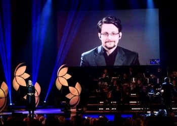 Former Right Livelihood laureate Edward Snowden speaks from a video screen during the 2019 Right Livelihood Award ceremony at Cirkus, in Stockholm Sweden on December 4, 2019. (Photo by Erik SIMANDER / TT NEWS AGENCY / AFP) / Sweden OUT