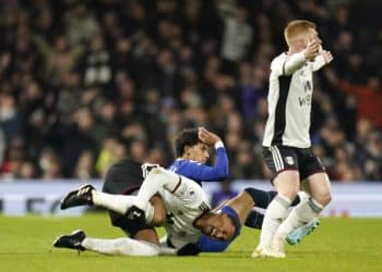 Fulham v Chelsea - Premier League - Craven Cottage Chelsea s Joao Felix fouls Fulham s Kenny Tete during the Premier League match at Craven Cottage, London. Picture date: Thursday January 12, 2023. EDITORIAL USE ONLY No use with unauthorised audio, video, data, fixture lists, club/league logos or live services. Online in-match use limited to 120 images, no video emulation. No use in betting, games or single club/league/player publications. PUBLICATIONxNOTxINxUKxIRL Copyright: xAndrewxMatthewsx 70540557