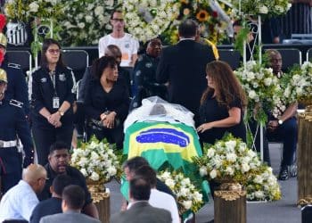 January 3, 2023, Santos, Santos, SP, Brazil: SANTOS, SP - JANUARY 3: (EDITORS NOTE: Image depicts death) A view of the coffin of Brazilian football legend Pele at Vila Belmiro Stadium on January 3, 2023 in Santos, Brazil. The Brazilian football legend has passed away from cancer.,Image: 747526616, License: Rights-managed, Restrictions: , Model Release: no