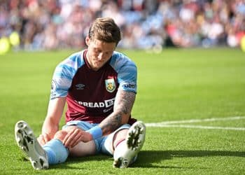 Burnley's Dutch striker Wout Weghorst reacts to a missed chance during the English Premier League football match between Burnley and Aston Villa at Turf Moor in Burnley, north west England on May 7, 2022. (Photo by Oli SCARFF / AFP) / RESTRICTED TO EDITORIAL USE. No use with unauthorized audio, video, data, fixture lists, club/league logos or 'live' services. Online in-match use limited to 120 images. An additional 40 images may be used in extra time. No video emulation. Social media in-match use limited to 120 images. An additional 40 images may be used in extra time. No use in betting publications, games or single club/league/player publications. /