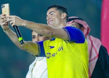 single club/league/player publications/services.

Portuguese football player Cristiano Ronaldo attends his presentation as new Al Nassr FC player at Mrsool Park Stadium on January 03, 2023 in Riyadh, Saudi Arabia. Photo by Hamoud Al-Osaimi / Power Sport Images
Al Nassr FC Cristiano Ronaldo presentation, Riyadh, Saudi Arabia - 03 Jan 2023,Image: 747522958, License: Rights-managed, Restrictions: EDITORIAL USE ONLY No use with unauthorised audio, video, data, fixture lists (outside the EU), club/league logos or "live" services. Online in-match use limited to 45 images (+15 in extra time). No use to emulate moving images. No use in betting, games or, Model Release: no