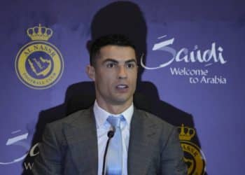 Cristiano Ronaldo attends a press conference for his official unveiling as a new member of Al Nassr soccer club in in Riyadh, Saudi Arabia, Tuesday, Jan. 3, 2023. Ronaldo, who has won five Ballon d'Ors awards for the best soccer player in the world and five Champions League titles, will play outside of Europe for the first time in his storied career. (AP Photo/Amr Nabil)