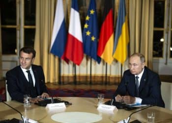 French President Emmanuel Macron, Russian President Vladimir Putin during a meeting of the Normandy Four leaders at the Elysee Palace.
Normandy Format summit, Paris, France - 09 Dec 2019,Image: 487209944, License: Rights-managed, Restrictions: , Model Release: no, Credit line: Eliot Blondet-Pool/SIPA / Shutterstock Editorial / Profimedia