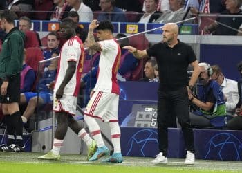 Ajax's head coach Alfred Schreuder speaks to Ajax's Jorge Sanchez during a Champions League group A soccer match between Ajax and Rangers at the Johan Cruyff ArenA in Amsterdam, Netherlands, Wednesday Sept. 7, 2022. (AP Photo/Peter Dejong)