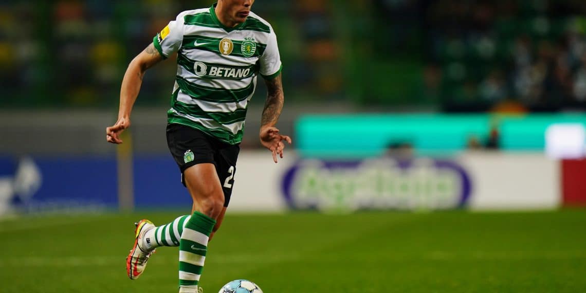 LISBON, PORTUGAL - FEBRUARY 20: Pedro Porro of Sporting CP in action during the Liga Bwin match between Sporting CP and GD Estoril Praia at Estadio Jose Alvalade on February 20, 2022 in Lisbon, Portugal.  (Photo by Gualter Fatia/Getty Images)