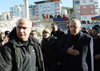 epa10454854 A handout photo made available by Presidential press office shows Turkish President Recep Tayyip Erdogan (R) visits a collapsed building in the aftermath of a major earthquake in Hatay, Turkey, 08 February 2023. More than 11,000 people have died and thousands more are injured after two major earthquakes struck southern Turkey and northern Syria on 06 February. Authorities fear the death toll will keep climbing as rescuers look for survivors across the region.  EPA-EFE/MURAT CETINMUHURDAR / PRESIDENTIAL PRESS OFFICE / HANDOUT  HANDOUT EDITORIAL USE ONLY/NO SALES