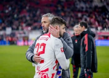 Leipzigs Cheftrainer / Trainer / Coach Marco Rose nach dem Spiel mit Josko Gvardiol. Fussball 1. Bundesliga, 16. Spieltag: RB Leipzig - FC Bayern Muenchen 1:1. 20. Januar 2023: Leipzig, Red Bull Arena. Foto: motivio