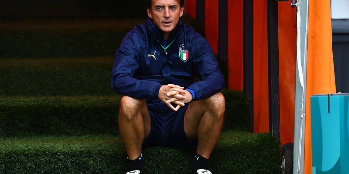 LONDON, ENGLAND - JULY 05: Roberto Mancini, Head Coach of Italy looks on during the Italy Training Session ahead of the Euro 2020 Semi-Final match between Italy and Spain at The Hive Transfer Training Centre on July 05, 2021 in London, England. (Photo by Claudio Villa/Getty Images)