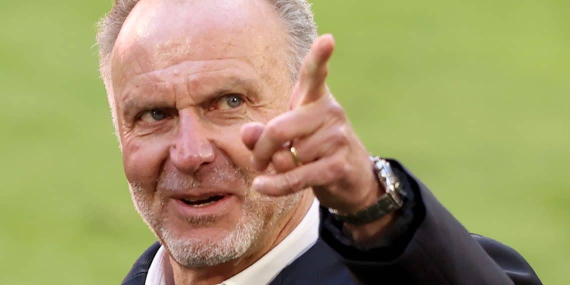 MUNICH, GERMANY - MAY 22: Karl-Heinz Rummenigge, CEO of FC Bayern München reacts after the Bundesliga match between FC Bayern Muenchen and FC Augsburg at Allianz Arena on May 22, 2021 in Munich, Germany. After the Bavarian cabinet decided on first relaxations for outdoor events, the current Corona situation allows FC Bayern to have its last match of the season in front of 250 spectators in the Allianz Arena. Of these, 100 tickets are given to people from the health sector selected by the Ministry of Health. (Photo by Alexander Hassenstein/Getty Images)