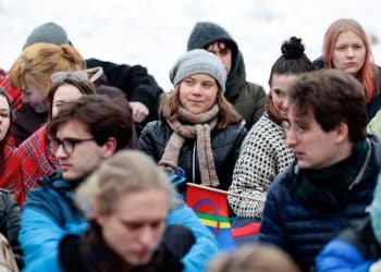 Greta Thunberg stands among campaigners, who have been protesting in Oslo for over a week against the wind turbines at Fosen, as they end the campaign with a demonstration in Oslo, Norway, March 3, 2023. Alf Simensen/NTB/via REUTERS   ATTENTION EDITORS - THIS IMAGE WAS PROVIDED BY A THIRD PARTY. NORWAY OUT. NO COMMERCIAL OR EDITORIAL SALES IN NORWAY.