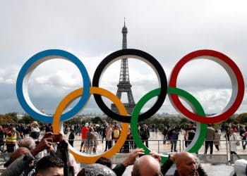 FILE PHOTO: Olympic rings to celebrate the IOC official announcement that Paris won the 2024 Olympic bid are seen in front of the Eiffel Tower at the Trocadero square in Paris, France, September 16, 2017. REUTERS/Benoit Tessier/File Photo/File Photo