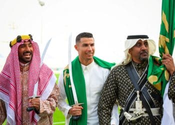 Al-Nassr's Cristiano Ronaldo celebrates Saudi Arabia's Founding Day wearing local traditional clothes at Al-Nassr Football Club in Riyadh, Saudi Arabia, February 22, 2023. Al-Nassr FC/Handout via REUTERS ATTENTION EDITORS - THIS PICTURE WAS PROVIDED BY A THIRD PARTY