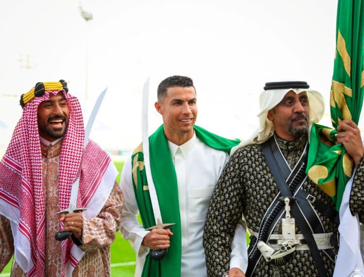 Al-Nassr's Cristiano Ronaldo celebrates Saudi Arabia's Founding Day wearing local traditional clothes at Al-Nassr Football Club in Riyadh, Saudi Arabia, February 22, 2023. Al-Nassr FC/Handout via REUTERS ATTENTION EDITORS - THIS PICTURE WAS PROVIDED BY A THIRD PARTY