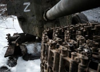 The Z letter, a tactical insignia of Russian troops in Ukraine, is seen on the captured Russian towed artillery to be refurbished at the brigade's workshop in Kharkiv region on February 20, 2023, amid the Russian invasion of Ukraine. (Photo by YASUYOSHI CHIBA / AFP)