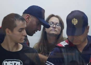 FILE PHOTO: Russians Mikahil Zorin and Svetlana Timofeeva attend a preliminary session for the cautionary sentence after being arrested for violating a military facility, in Elbasan, Albania, August 24, 2022. REUTERS/Florion Goga