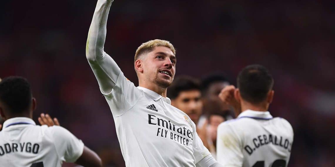 MADRID, SPAIN - SEPTEMBER 18: Federico Valverde of Real Madrid celebrates following their side's victory in the LaLiga Santander match between Atletico de Madrid and Real Madrid CF at Civitas Metropolitano Stadium on September 18, 2022 in Madrid, Spain. (Photo by Denis Doyle/Getty Images)