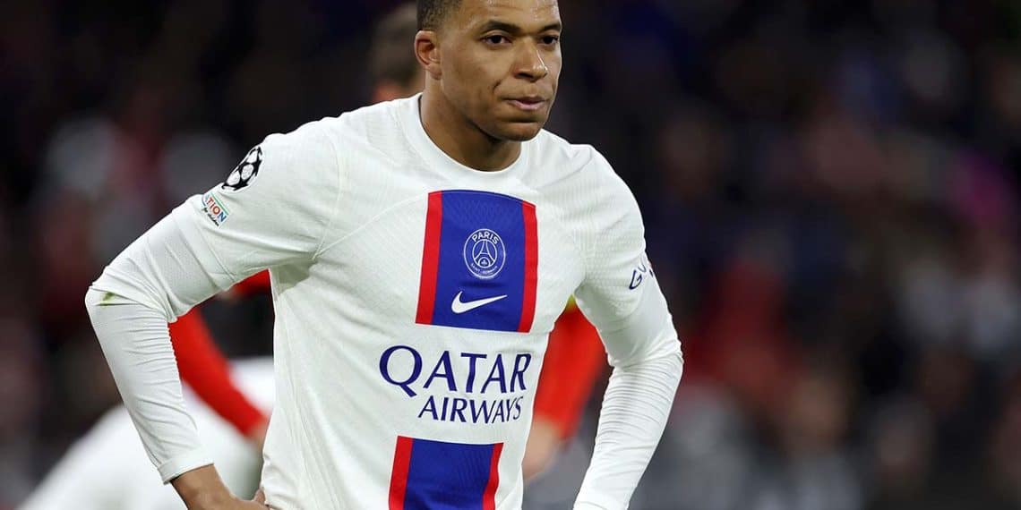 MUNICH, GERMANY - MARCH 08: Kylian Mbappe of Paris Saint-Germain looks on during the UEFA Champions League round of 16 leg two match between FC Bayern München and Paris Saint-Germain at Allianz Arena on March 08, 2023 in Munich, Germany. (Photo by Alex Grimm/Getty Images)