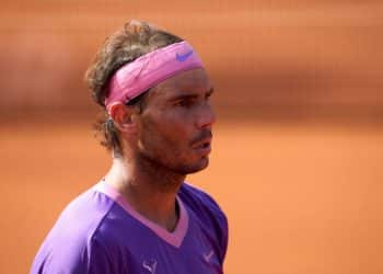 BARCELONA, SPAIN - APRIL 25: Rafael Nadal of Spain looks on in his final match against Stefanos Tsitsipas of Greece during day seven of the Barcelona Open Banc Sabadell 2021 at Real Club de Tenis Barcelona on April 25, 2021 in Barcelona, Spain. (Photo by Alex Caparros/Getty Images)