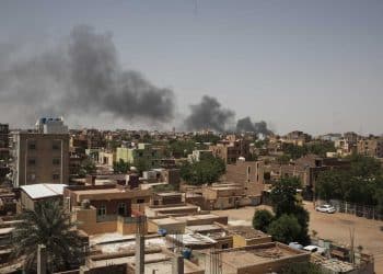 Smoke is seen in Khartoum, Sudan, Saturday, April 22, 2023. The fighting in the capital between the Sudanese Army and Rapid Support Forces resumed after an internationally brokered cease-fire failed. (AP Photo/Marwan Ali)