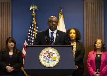 Illinois Attorney General Kwame Raoul speaks on the findings of his office's investigation into Catholic Clergy Child Sex Abuse in Chicago, on Tuesday, May 23, 2023. Raoul released the results of a sweeping investigation into allegations of sexual abuse by Catholic clergy in the state on Tuesday. (Eileen T. Meslar/Chicago Tribune via AP)