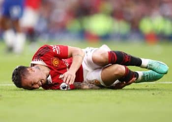 MANCHESTER, ENGLAND - MAY 25: Antony of Manchester United reacts as they appear to be injured during the Premier League match between Manchester United and Chelsea FC at Old Trafford on May 25, 2023 in Manchester, England. (Photo by Naomi Baker/Getty Images)