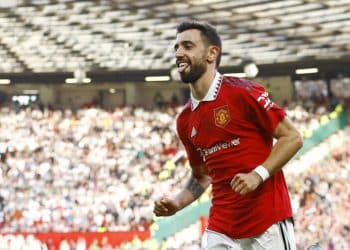 Soccer Football - Premier League - Manchester United v Fulham - Old Trafford, Manchester, Britain - May 28, 2023 Manchester United's Bruno Fernandes celebrates scoring their second goal Action Images via Reuters/Andrew Boyers EDITORIAL USE ONLY. No use with unauthorized audio, video, data, fixture lists, club/league logos or 'live' services. Online in-match use limited to 75 images, no video emulation. No use in betting, games or single club /league/player publications.  Please contact your account representative for further details. - UP1EJ5S1AOMY1