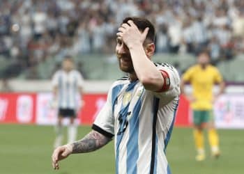 Soccer Football - Friendly - Argentina v Australia - Workers' Stadium, Beijing, China - June 15, 2023 Argentina's Lionel Messi reacts REUTERS/Thomas Peter