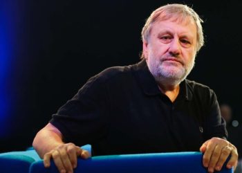 epa07087608 Slovenian philosopher Slavoj Zizek speaks at the authors' forum 'Blue Sofa' during the book fair 'Frankfurter Buchmesse 2018', in Frankfurt am Main, Germany, 12 October 2018. The 70th edition of the international Frankfurt Book Fair, described as the 'world's most important fair for the print and digital content business' runs from 10 to 14 October and gathers authors, writers and celebrities from all over the world. This year's Guest of Honour country is Georgia.  EPA-EFE/HAYOUNG JEON