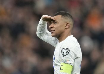 France's Kylian Mbappe celebrates their victory at the Euro 2024 group B qualifying soccer match between France and the Netherlands at the Stade de France in Saint Denis, outside Paris, France, Friday, March 24, 2023. (AP Photo/Christophe Ena)